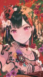 Rule 34 | &gt;:), 1girl, absurdres, anniversary, aqua flower, arm strap, artist name, bang dream!, black choker, black flower, black hair, blurry, blurry background, blush, breasts, choker, cleavage, closed mouth, collar, commentary request, earrings, floral background, floral print, flower, flower earrings, hadanugi dousa, hair flower, hair ornament, highres, japanese clothes, jewelry, kanzashi, kimono, looking at viewer, medium breasts, mismatched earrings, mitake ran, multicolored hair, necklace, nobusawa osamu, obi, official alternate costume, open kimono, pearl necklace, pink hair, print kimono, purple flower, red background, red flower, red hair, sash, see-through, short hair, short sleeves, smile, solo, streaked hair, stud earrings, tank top, tassel, tassel earrings, tassel hair ornament, translation request, two-tone hair, upper body, v-shaped eyebrows, white flower, white kimono, white tank top, wide sleeves, yellow flower, zipper, zipper pull tab