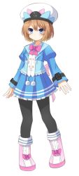 Rule 34 | 1girl, alternate costume, blanc (neptunia), blue eyes, blush, boots, brown hair, caro-xy, female focus, full body, hat, highres, jacket, looking at viewer, neptune (series), nintendo, nintendo switch, ribbon, school uniform, shoes, short hair, simple background, skirt, standing, thighhighs, white background