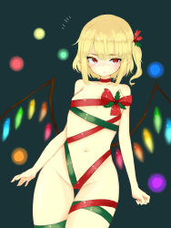Rule 34 | 1girl, bad id, bad pixiv id, blonde hair, blush, breasts, flandre scarlet, green ribbon, groin, hair ornament, highres, holly hair ornament, naked ribbon, navel, pointy ears, red eyes, red ribbon, ribbon, saple, short hair, side ponytail, small breasts, solo, touhou, wings