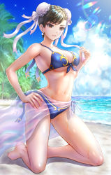 Rule 34 | 1girl, absurdres, adapted costume, barefoot, beach, bikini, blue bikini, blue sky, breasts, brown eyes, brown hair, bun cover, capcom, chun-li, cleavage, cloud, commentary request, day, double bun, front-tie top, full body, hair bun, hand on own hip, highres, horizon, kneeling, looking at viewer, medium breasts, outdoors, palm tree, parted lips, sarong, see-through, sky, smile, solo, street fighter, swimsuit, tree, wajuniorbox, waves