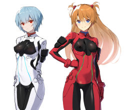 Rule 34 | 2girls, arms behind back, ayanami rei, blue eyes, blue hair, controller, dualsense, game console, game controller, hair ornament, hand on own hip, highres, long hair, looking at viewer, multiple girls, neon genesis evangelion, playstation 5, playstation controller, plugsuit, red eyes, short hair, siino, simple background, sony, souryuu asuka langley