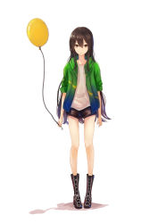 Rule 34 | 1girl, arms at sides, balloon, black hair, black shorts, boots, brown eyes, brown hair, closed mouth, expressionless, full body, hair between eyes, highres, holding, holding balloon, hood, hoodie, knee boots, long hair, looking at viewer, open clothes, open hoodie, original, pip (red juice1869), shirt, short shorts, shorts, simple background, skinny, solo, standing, very long hair, wavy hair, white background, white shirt