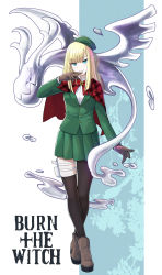 Rule 34 | 1girl, absurdres, alternate costume, asymmetrical legwear, black pantyhose, bleach, blonde hair, blue eyes, blunt bangs, bow, brown footwear, brown gloves, burn the witch, capelet, commentary request, cosplay, creature, fate/grand order, fate (series), finger to own chin, full body, gloves, green hat, green jacket, green skirt, hand up, hat, highres, jacket, long hair, looking at viewer, niihashi noel, niihashi noel (cosplay), pantyhose, parted lips, plaid capelet, pleated skirt, qi huang qin, red bow, red capelet, reines el-melloi archisorte, shirt, shoes, single leg pantyhose, single thighhigh, skirt, smile, solo, thighhighs, thighlet, tilted headwear, uneven legwear, white shirt
