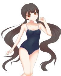 Rule 34 | 1girl, absurdres, alternate costume, alternate hair ornament, bare arms, bare shoulders, blunt bangs, blush, breasts, brown hair, collarbone, commentary request, competition school swimsuit, covered navel, danganronpa (series), danganronpa v3: killing harmony, feet out of frame, floating hair, frown, hand up, harukawa maki, highres, long hair, looking at viewer, low twintails, mole, mole under eye, one-piece swimsuit, raimone (nekokirinv3), red eyes, school swimsuit, simple background, small breasts, solo, swimsuit, twintails, very long hair, white background