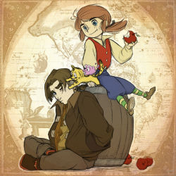 Rule 34 | 1970s (style), 2boys, age difference, alien, apple, barrel, beige background, brown hair, buttons, cat, child, collared shirt, creator connection, crossover, disney, dual persona, earrings, eating, eyebrows, food, freckles, fruit, jacket, jewelry, jim hawkins, jim hawkins (treasure planet), jumping, leopard, long sleeves, male focus, map, morph (treasure planet), multiple boys, name connection, oldschool, parhart, parody, pet, ponytail, retro artstyle, science fiction, shirt, simple background, sitting, slime (creature), steampunk, takarajima, thick eyebrows, treasure island, treasure planet, vest, white shirt