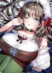 Rule 34 | 1girl, ;o, blue eyes, blush, book, breasts, brown hair, collar, collarbone, commentary, corset, detached sleeves, dutch angle, earrings, frilled sleeves, frills, half-closed eye, hand up, head scarf, jewelry, kanojo (ogino atsuki), kanojo (yan&#039;yo), large breasts, looking at viewer, lying, on back, one eye closed, open book, original, parted lips, puffy sleeves, solo, star (symbol), star earrings, tears, upper body, waking up, yanyo (ogino atsuki)