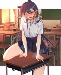 Rule 34 | 1girl, absurdres, blush, chair, chalkboard, crotch rub, dress shirt, drooling, female masturbation, heart, heavy breathing, highres, hololive, hololive english, keisea, long hair, masturbation, ninomae ina&#039;nis, one eye closed, open mouth, pointy ears, purple hair, pussy juice, school uniform, shirt, skirt, solo, steam, sweat, table humping, tentacle hair, thighs, virtual youtuber, window
