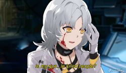 Rule 34 | 1girl, blood, blood on clothes, commentary, english commentary, erma (girls&#039; frontline), girls&#039; frontline, gloves, highres, jacket, long hair, long sleeves, looking down, open mouth, oppenheimer (movie), parody, solo, subtitled, tearing up, twitter username, variasii, white gloves, white hair, white jacket, yellow eyes