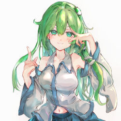 1girl absurdres bare_shoulders blue_skirt blush breasts closed_mouth collarbone collared_shirt detached_sleeves frog_hair_ornament green_eyes green_hair hair_ornament hair_tubes hand_on_own_face highres ikazuchi_akira kochiya_sanae light_blush long_hair navel pointing pointing_up shirt simple_background single_hair_tube single_sidelock skirt smile snake_hair_ornament solo touhou white_background