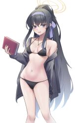 Rule 34 | 1girl, :d, absurdres, bare shoulders, bikini, black bikini, black hair, blue archive, blush, book, breasts, cardigan, collarbone, cowboy shot, grey jacket, groin, hair between eyes, hairband, halo, highres, holding, holding book, jacket, jewelry, long hair, looking at viewer, maviss 03, navel, necklace, o-ring, o-ring bikini, o-ring top, off shoulder, official alternate costume, open cardigan, open clothes, open jacket, open mouth, ponytail, purple eyes, purple hairband, sidelocks, simple background, small breasts, smile, solo, standing, stomach, string bikini, swimsuit, thighs, ui (blue archive), ui (swimsuit) (blue archive), very long hair, white background, yellow halo