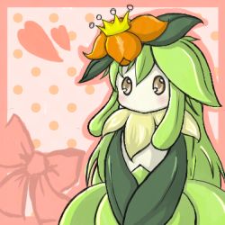 Rule 34 | blush, border, bow, brown eyes, commentary request, creatures (company), crown, flower, game freak, gen 5 pokemon, heart, lilligant, lowres, mini crown, monster girl, nintendo, no mouth, okota mikan, orange flower, outline, pink border, pink outline, plant girl, pokemon, pokemon (creature), polka dot, polka dot background, red bow, solo, tilted headwear