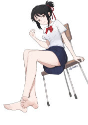 1girl absurdres bare_legs barefoot black_hair blue_skirt bow bowtie breasts brown_eyes chair closed_mouth feet foot_focus full_body hair_ribbon highres kimi_no_na_wa. lan_mao_akko medium_breasts miniskirt miyamizu_mitsuha red_bow red_bowtie red_ribbon ribbon shirt short_sleeves simple_background sitting skirt smile solo thighs white_background white_shirt