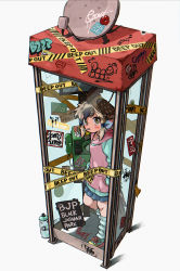 Rule 34 | 1girl, absurdres, alternate costume, appleq, bird tail, black hair, blush, caution tape, commentary request, english text, full body, graffiti, greater roadrunner (kemono friends), green eyes, hair ribbon, hands in pockets, head wings, highres, hood, hood down, hoodie, huge filesize, kemono friends, kemono friends 2, leg warmers, light brown hair, looking at viewer, multicolored hair, phone booth, ribbon, satellite dish, short hair, simple background, skirt, solo, standing, tail, wings