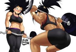 Rule 34 | 2girls, abs, absurdres, ass, barbell, bike shorts, black eyes, black hair, blush, borrowed design, breasts, caulifla, commentary, constricted pupils, dark-skinned female, dark skin, dragon ball, dragon ball super, echo saber, english commentary, exercising, gym, gym shorts, gym uniform, highres, kale (dragon ball), looking at another, multiple girls, muscular, muscular female, nose blush, ponytail, saiyan, shorts, simple background, spiked hair, sports bra, squatting, sweatband, weightlifting, weights, yuri