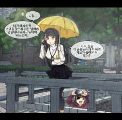 Rule 34 | 2girls, :d, black eyes, black hair, black legwear, black skirt, blonde hair, breasts, bridge, camera flash, cellphone, commentary, contemporary, eyepatch, female pervert, fence, girls&#039; frontline, heterochromia, holding, holding phone, holding umbrella, id card, korean commentary, korean text, lamppost, lanyard, large breasts, letterboxed, long hair, long sleeves, m16a1 (girls&#039; frontline), multicolored hair, multiple girls, open mouth, outdoors, pantyhose, park, pervert, phone, pleated skirt, rain, red eyes, red sweater, ro635 (girls&#039; frontline), sidarim, skirt, smartphone, smile, solo focus, standing, streaked hair, sweater, taking picture, talking on phone, translation request, tree, umbrella, white hair, white sweater, yellow eyes, yellow footwear