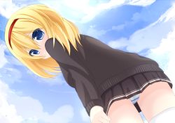 Rule 34 | 1girl, alice margatroid, alternate costume, bad id, bad pixiv id, blonde hair, blue eyes, blue panties, blue sky, chimunge, cloud, day, female focus, from below, hairband, looking back, panties, pantyshot, pleated skirt, short hair, skirt, sky, solo, striped clothes, striped panties, sweater, thighhighs, touhou, underwear, upskirt, white thighhighs