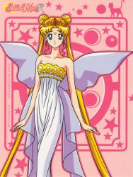 Rule 34 | 1990s (style), arms at sides, bishoujo senshi sailor moon, blonde hair, blue eyes, breasts, cleavage, copyright name, copyright notice, crescent, crescent facial mark, double bun, dress, facial mark, feet out of frame, forehead mark, hair bun, highres, light smile, long hair, luna (sailor moon), not for sale, pink background, princess serenity, retro artstyle, silhouette, solo, star (symbol), starry background, strapless, strapless dress, tiara, tsukino usagi, twintails, very long hair