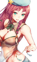 Rule 34 | 1girl, alternate costume, armpit peek, bare arms, bare shoulders, beret, bow, bowtie, braid, breasts, china dress, chinese clothes, cleavage, cleavage cutout, clothing cutout, commentary request, dress, green bow, green bowtie, green eyes, green hat, hair bow, hat, highres, hong meiling, large breasts, long hair, looking at viewer, mayonaka taruho, nipples, open mouth, red hair, see-through, side slit, simple background, sleeveless, sleeveless dress, solo, standing, star (symbol), touhou, twin braids, upper body, white background