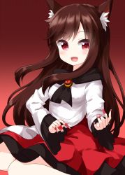 Rule 34 | 1girl, animal ears, brooch, brown hair, dress, fingernails, gradient background, highres, imaizumi kagerou, jewelry, long fingernails, long hair, long sleeves, looking at viewer, multicolored clothes, multicolored dress, nail polish, open mouth, red dress, red eyes, red nails, ruu (tksymkw), sitting, smile, solo, touhou, two-tone dress, white dress, wolf ears