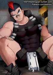 Rule 34 | 1boy, armor, bandaid, bandaid on face, bandaid on nose, bara, black hair, black shorts, black tank top, bulge, chest harness, convenient censoring, covered abs, covered erect nipples, covered navel, facial hair, feet out of frame, gluteal fold, harness, kienbiu, kill la kill, kinagase tsumugu, large pectorals, male focus, mohawk, multicolored hair, muscular, paid reward available, patreon username, pauldrons, pectorals, shoes, short hair, shorts, shoulder armor, sideburns, skin tight, solo, spread legs, stubble, tank top, thick thighs, thighs, torn clothes, torn shorts, two-tone hair, watermark, web address