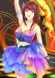 Rule 34 | :d, arm up, armlet, black gloves, breasts, brown eyes, brown hair, cleavage, dress, feather hair ornament, feathers, gloves, gt-apex, hair ornament, hairclip, idolmaster, idolmaster million live!, idolmaster million live! theater days, long hair, looking at viewer, open mouth, small breasts, smile, solo, standing, tanaka kotoha