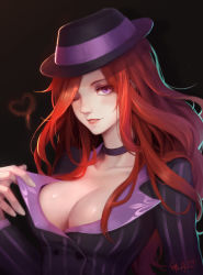Rule 34 | 1girl, absurdres, alternate costume, black background, breasts, choker, cleavage, clothes pull, hat, heart, highres, large breasts, league of legends, lipstick, long hair, looking at viewer, crime city miss fortune, makeup, one eye closed, parted lips, pinstripe pattern, purple eyes, red hair, red lips, miss fortune (league of legends), scarlet moon, shirt pull, signature, simple background, solo, striped