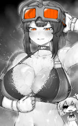 2girls absurdres ahoge animal_ears bare_shoulders black_hair breasts chibi cleavage crop_top eyepatch fake_animal_ears gloves goggles goggles_on_head grace_howard greyscale hair_between_eyes highres huge_breasts koleda_belobog long_hair monochrome multiple_girls navel niwarhythm orange_eyes sharp_teeth sports_bra spot_color sweat teeth unzipping very_sweaty zenless_zone_zero zipper