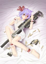 Rule 34 | 1girl, ankle cuffs, ankle garter, bare legs, barefoot, bed sheet, blue hair, blush, bolt action, bow, bullet, bullpup, dsr-1, female focus, gun, headband, lying, magazine (weapon), nightgown, on back, raptor n60, red eyes, remilia scarlet, rifle, scope, short hair, sleepwear, sniper rifle, solo, suppressor, touhou, weapon, wrist cuffs