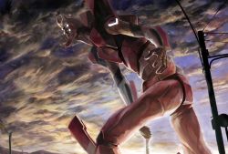 Rule 34 | 00s, armor, cloud, dagger, eva 02, evangelion: 2.0 you can (not) advance, glowing, knife, mecha, mecha focus, neon genesis evangelion, no humans, outdoors, power lines, realistic, rebuild of evangelion, red armor, robot, sky, solo, standing, tory youf, utility pole, weapon