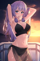 Rule 34 | 1girl, absurdres, armpits, arms behind head, arms up, ayaka (genshin impact), bare arms, bare shoulders, bikini, bikini skirt, black bikini, blue eyes, blunt bangs, blunt tresses, blush, breasts, cleavage, cloud, contrapposto, cowboy shot, evening, flower knot, genshin impact, gluteal fold, grey hair, hair ribbon, halterneck, hand in own hair, hidel, highres, long hair, medium breasts, mole, mole under eye, mouth hold, navel, orange sky, outdoors, red ribbon, ribbon, ribbon in mouth, see-through, side-tie skirt, sidelocks, sky, smile, solo, stomach, sunset, swimsuit, thighs, tress ribbon