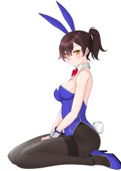 Rule 34 | 1girl, absurdres, alternate costume, alternate hairstyle, animal ears, blue leotard, bow, bowtie, breasts, brown eyes, brown hair, commentary request, detached collar, fake animal ears, full body, highres, kaga (kancolle), kantai collection, leotard, long hair, looking at viewer, medium breasts, nitamako (sakamalh), pantyhose, playboy bunny, ponytail, rabbit ears, rabbit tail, red bow, red bowtie, short ponytail, simple background, sitting, solo, strapless, strapless leotard, tail, thighband pantyhose, wariza, white background, wrist cuffs