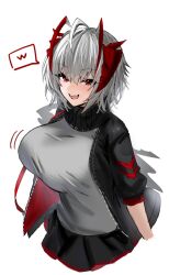 Rule 34 | 1girl, ahoge, antennae, arknights, black jacket, black skirt, breasts, commentary request, demon girl, demon horns, elbow sleeve, grey hair, grey shirt, highres, horn/wood, horns, jacket, large breasts, open clothes, open jacket, open mouth, red eyes, shirt, short hair, simple background, skirt, smile, solo, spoken character, teeth, w (arknights), white background