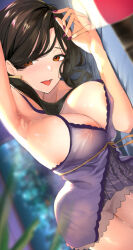 Rule 34 | 1girl, areola slip, armpits, babydoll, black hair, breasts, camisole, cleavage, collarbone, covered erect nipples, frilled babydoll, frills, hcz n, large breasts, lingerie, long hair, looking at viewer, negligee, nightgown, nijisanji, orange eyes, paid reward available, presenting armpit, purple babydoll, purple nails, shirayuki tomoe, shirayuki tomoe (7th costume), sleepwear, solo, spaghetti strap, underwear, underwear only, virtual youtuber