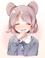 Rule 34 | 1girl, akagashi hagane, alternate costume, animal ears, bad id, bad pixiv id, blush, closed eyes, ear blush, facing viewer, gradient background, grey hair, happy, jewelry, long sleeves, mouse ears, nazrin, necklace, open mouth, shirt, short hair, simple background, smile, smirk, solo, touhou, upper body, vest