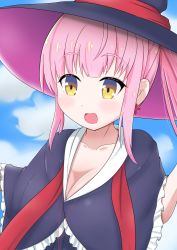 Rule 34 | 1girl, 7th3rdgo, blush, breasts, cleavage, hat, highres, kazairo kotone, large breasts, open mouth, pink hair, rpg fudousan, smile, solo, upper body, wizard hat, yellow eyes