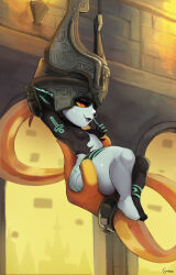 Rule 34 | 1girl, absurdres, artist name, ass, ass grab, breasts, colored sclera, colored skin, cranihum, floating, full body, grabbing own ass, half-closed eyes, helmet, highres, huge ass, indoors, midna, multicolored skin, nintendo, open mouth, pointy ears, prehensile hair, red eyes, shortstack, small breasts, smile, solo, the legend of zelda, the legend of zelda: twilight princess, thick thighs, thighs, tongue, two-tone skin, window, yellow sclera