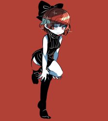 Rule 34 | 1girl, alternate costume, black bow, black dress, black legwear, bow, breasts, commentary request, dress, full body, hair bow, looking at viewer, medium breasts, red background, red eyes, red hair, ribbed dress, sekibanki, short hair, sleeveless, sleeveless dress, solo, sparkle, standing, standing on one leg, touhou, yt (wai-tei)