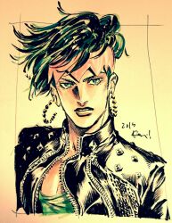 Rule 34 | 1boy, archived source, commentary, commentary request, dated, earrings, green eyes, green hair, green shirt, headband, highres, jacket, jewelry, jojo no kimyou na bouken, kishibe rohan, kotteri, looking to the side, male focus, shirt, simple background, solo