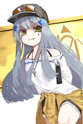 Rule 34 | 1girl, absurdres, alternate costume, arms behind back, baseball cap, black hat, black shorts, blue hair, breasts, brown cardigan, cardigan, cardigan around waist, casual, clothes around waist, cross, cross necklace, eyewear on headwear, feet out of frame, girls&#039; frontline, green eyes, hair ornament, hairclip, hat, heart, heart-shaped pupils, highres, hk416 (girls&#039; frontline), jewelry, leaning forward, long hair, looking at viewer, necklace, nero (nero nyam), off shoulder, open mouth, shaded face, shirt, shorts, simple background, small breasts, solo, standing, sunglasses, symbol-shaped pupils, teardrop facial mark, teardrop tattoo, teeth, white shirt