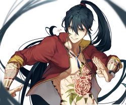 Rule 34 | 1boy, abs, air (ai r ), alternate hairstyle, bare pectorals, black hair, commentary request, fate/grand order, fate (series), flower tattoo, full-body tattoo, green eyes, hair between eyes, hand up, highres, jacket, jewelry, long hair, long sleeves, looking at viewer, male focus, necklace, official alternate costume, open clothes, open jacket, open mouth, pectorals, ponytail, red jacket, signature, simple background, smile, solo, tattoo, teeth, toned, toned male, upper body, very long hair, white background, yan qing (fate), yan qing (training wear) (fate)