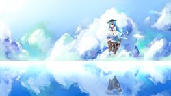 Rule 34 | 1girl, black hat, blue hair, boots, cloud, dress, female focus, hat, highres, hinanawi tenshi, keystone, long hair, red eyes, reflection, scenery, shuizao (little child), sitting, skirt, sky, smile, solo, touhou, water, water world