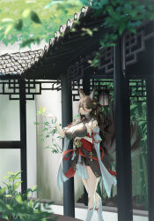 Rule 34 | 1girl, absurdres, animal ears, architecture, bare legs, black dress, bracelet, breasts, brown hair, bug, butterfly, chinese clothes, cleavage, dress, east asian architecture, fox ears, fox girl, fox tail, green eyes, hair between eyes, highres, honkai: star rail, honkai (series), insect, jewelry, jiu dao fan yin, large breasts, long hair, looking at viewer, multiple tails, parted lips, solo, tail, tingyun (honkai: star rail), white footwear