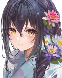 Rule 34 | 1girl, blue flower, blue kimono, blush, braid, closed mouth, floral print, flower, hair between eyes, japanese clothes, kimono, lily pad, long hair, looking at viewer, original, pink flower, puracotte, purple hair, smile, solo, white background, yellow eyes