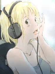 Rule 34 | 1girl, bare shoulders, blonde hair, blush stickers, bob cut, breasts, brown eyes, cable, camisole, chair, collarbone, commentary, from side, grey camisole, hair strand, headphones, highres, lips, looking at viewer, looking to the side, monodevil, office chair, open mouth, original, short hair, sleeveless, small breasts, solo, swivel chair, upper body, white background