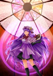 Rule 34 | 1girl, adapted costume, bad id, bad pixiv id, book, capelet, crescent, dress, elbow gloves, female focus, floating book, floating object, frills, gloves, hat, highres, long hair, magic circle, naxia, patchouli knowledge, purple eyes, purple hair, solo, stained glass, touhou, very long hair, window