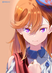 Rule 34 | 1girl, commentary, english commentary, hand on own chest, kitatyoco, long hair, looking at viewer, love live!, love live! superstar!!, orange background, orange hair, portrait, purple eyes, sash, serious, shibuya kanon, solo, start!! true dreams (love live!), twitter username