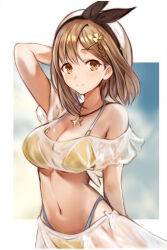 Rule 34 | 1girl, arm behind head, atelier (series), atelier ryza, beret, bikini, black hairband, border, bow hairband, braid, breasts, brown eyes, brown hair, cleavage, closed mouth, commentary request, hair behind ear, hair ornament, hairband, hairclip, hat, highleg, highleg bikini, jewelry, large breasts, looking at viewer, nannacy7, navel, necklace, outside border, reisalin stout, sarong, see-through, see-through sarong, smile, solo, star (symbol), star necklace, swimsuit, white border, yellow bikini