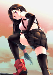 Rule 34 | 1girl, bare shoulders, blush, breasts, brown hair, cloud, earrings, elbow gloves, final fantasy, final fantasy vii, final fantasy vii remake, gloves, highres, jewelry, large breasts, leg up, long hair, looking at viewer, low-tied long hair, makishima rin, red eyes, shorts, shorts under skirt, skirt, sky, smile, solo, square enix, suspender skirt, suspenders, tank top, thighhighs, tifa lockhart, upskirt