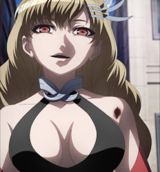 Rule 34 | 1girl, :d, abigail (mahou shoujo tokushusen asuka), asymmetrical bangs, bare shoulders, blonde hair, blood, blurry, blurry background, braid, breasts, building, cleavage, cleavage cutout, clothing cutout, collarbone, day, female focus, hair between eyes, hair ornament, hairclip, highres, injury, jewelry, large breasts, long hair, looking at viewer, magical girl, mahou shoujo tokushusen asuka, neck, neck ring, open mouth, outdoors, red eyes, revealing clothes, round teeth, screencap, sky, smile, solo, stitched, teeth, third-party edit, twin braids, upper body, upper teeth only