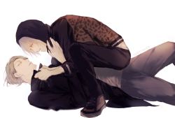 Rule 34 | 10s, 2boys, animal print, aqua eyes, bambino, blonde hair, clothes pull, copyright name, eye contact, highres, hood, hoodie, leopard print, looking at another, lying, male focus, multiple boys, open mouth, shirt pull, simple background, viktor nikiforov, white background, yuri!!! on ice, yuri plisetsky